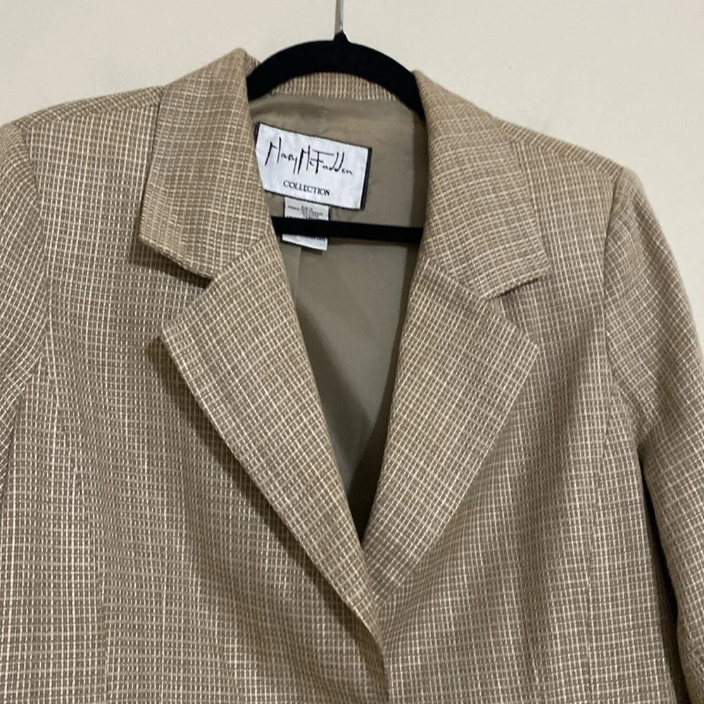 Mary Mc Fidden Women's Beige Checkered Blazer linen 10 event office retro casual